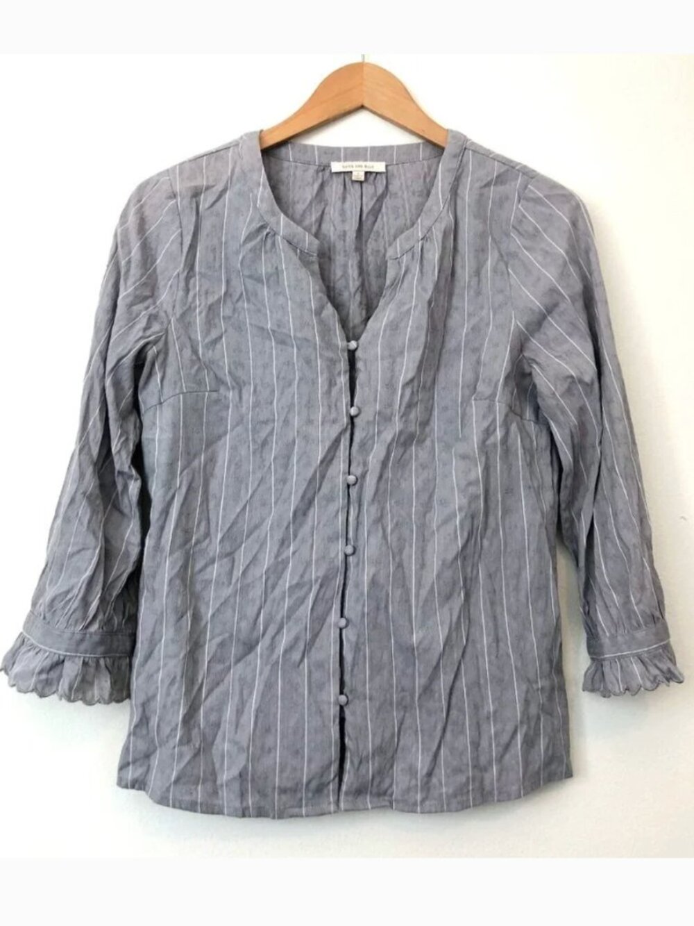 SKIES ARE BLUE STITCH FIX Blue White Striped 3/4 Sleeve Preppy Button Down Small